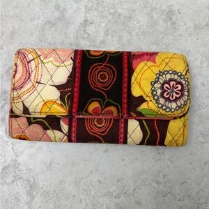 Vera Bradley Quilted Floral Wallet Clutch Brown Pink Yellow Zip Checkbook